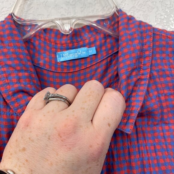 J McLaughlin Red Blue Gingham Plaid Checkered Button Up Shirt Womens size Medium - Picture 3 of 7